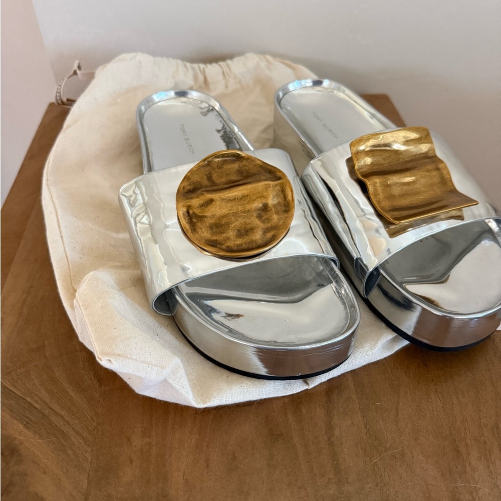 Tory Burch Silver Slides with Gold Detail - Picture 3 of 6